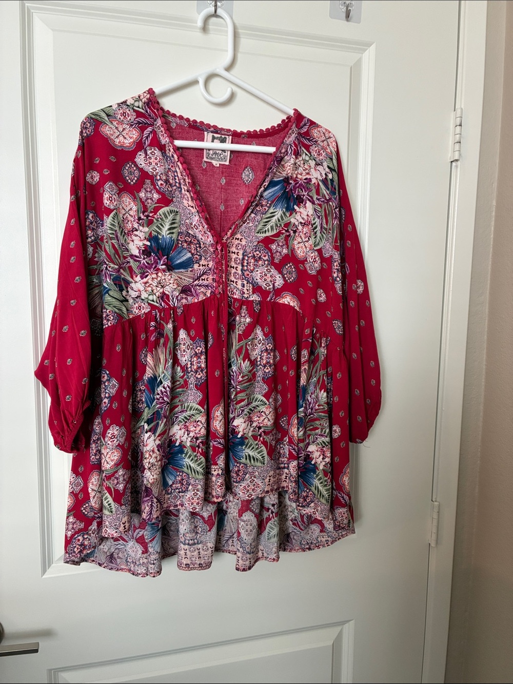 Jaase Boho Rayon Floral Peasant Top - Raspberry Pink